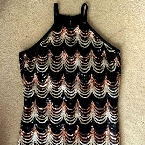 Black bodycon dress rose, gold & black sequins